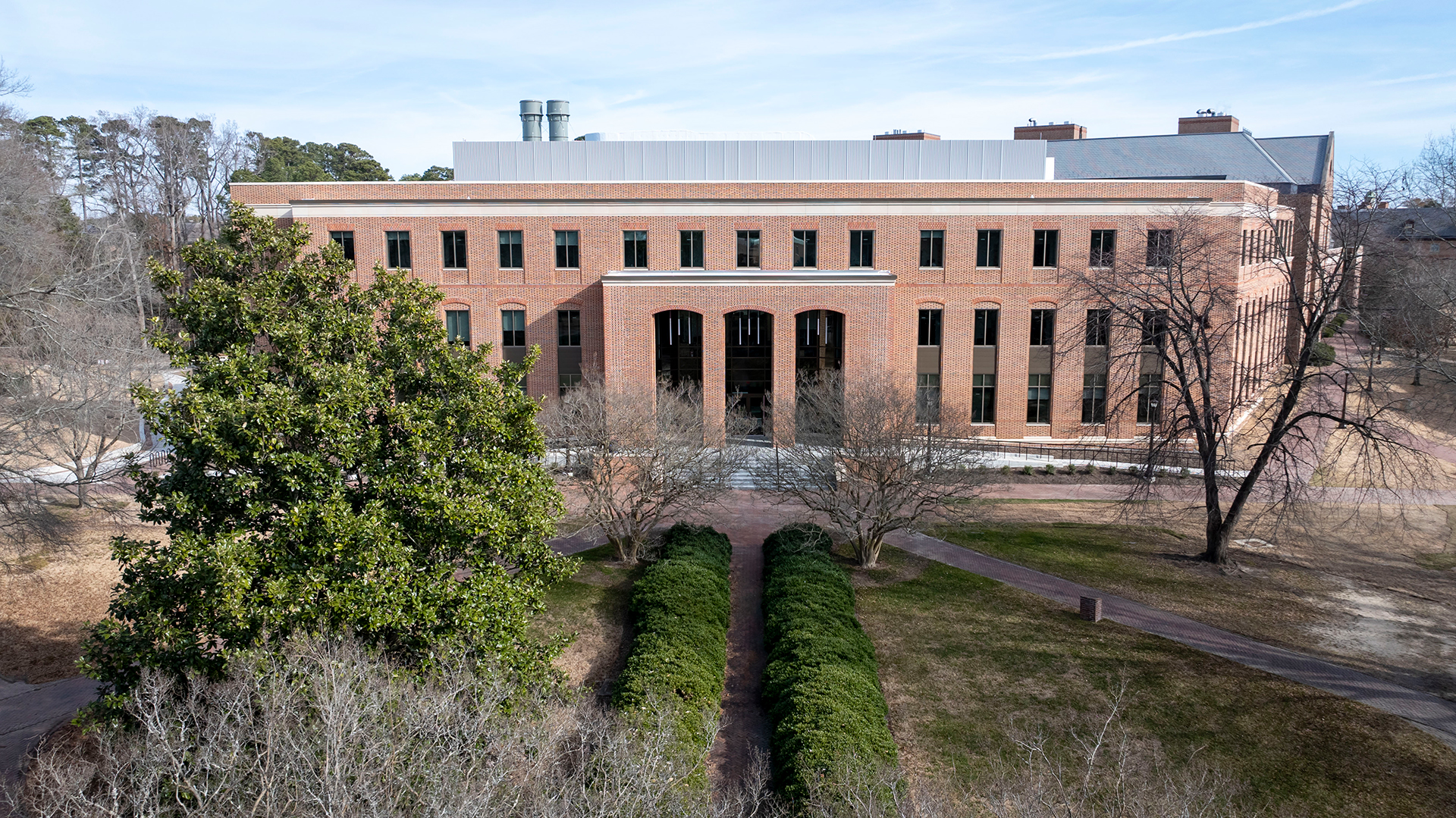 Aerial view of Integrated Science Center 4 from the sun dial in front of Swem Library (Photo by Tim Sofranko)
